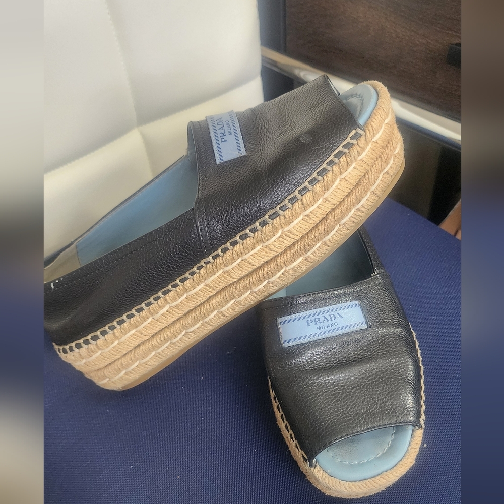 Prada Black Leather Espadrille Flats, Size 36.5